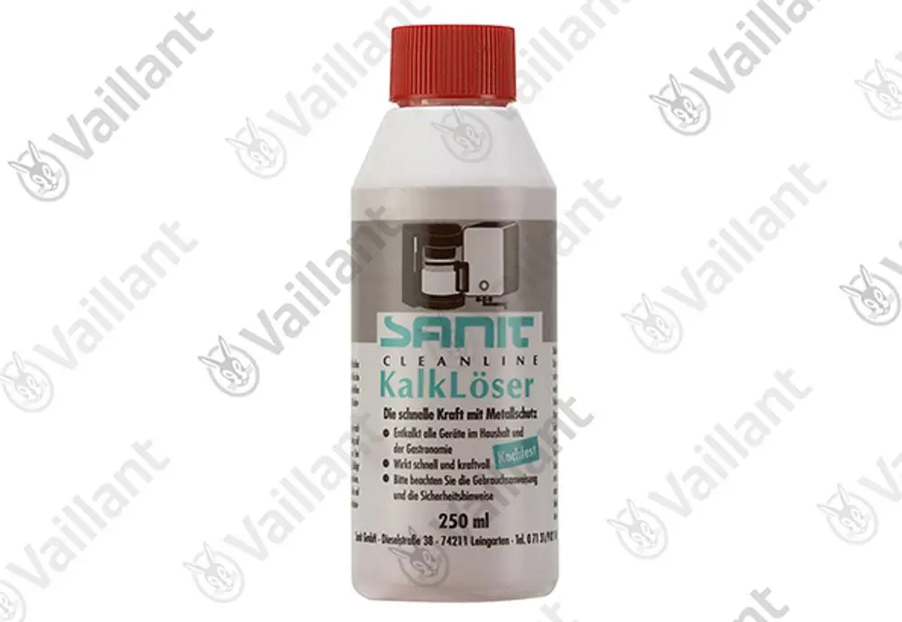 Vaillant Entkalkungsmittel in einer weißen Flasche mit rotem Deckel. Die Flasche enthält 250 ml und ist für die Reinigung von Haushaltsgeräten konzipiert.